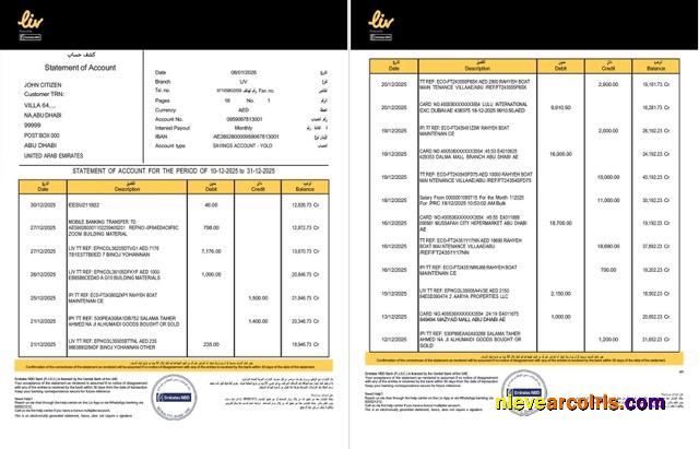 UAE Liv. Digital Bank statement of account Word and PDF, 2 pages